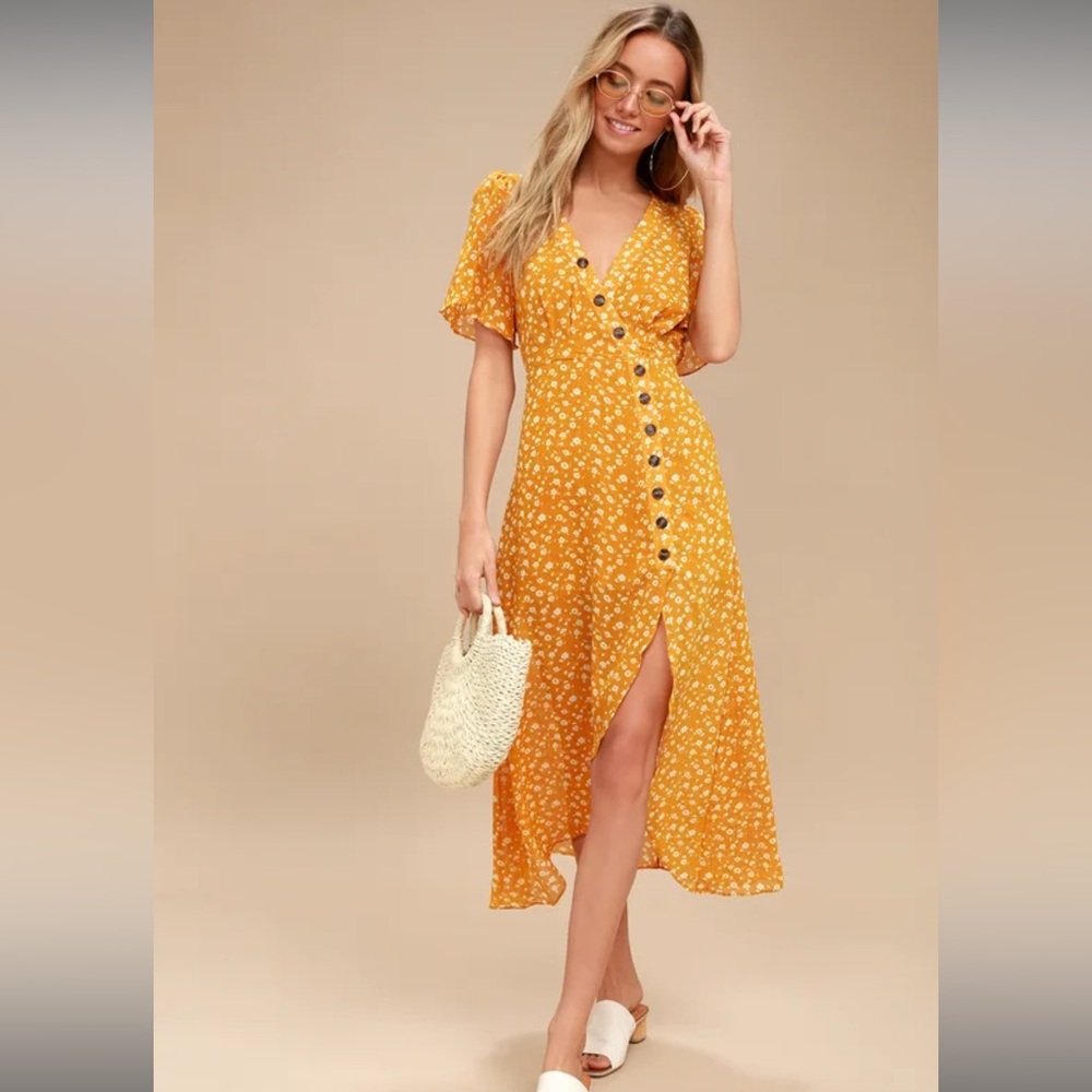 After-Bloom Delight Golden Yellow Floral Print Midi Dress